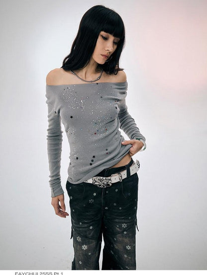 FayChui Rhinestone One Line Collar Slim Fit Women&