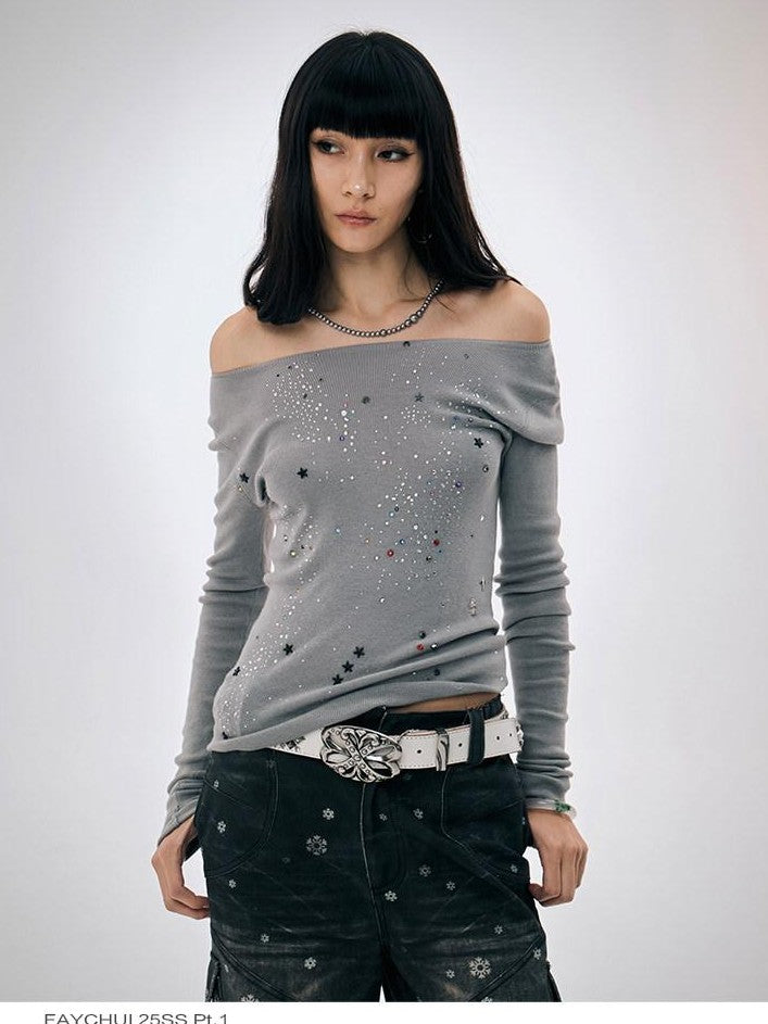FayChui Rhinestone One Line Collar Slim Fit Women&