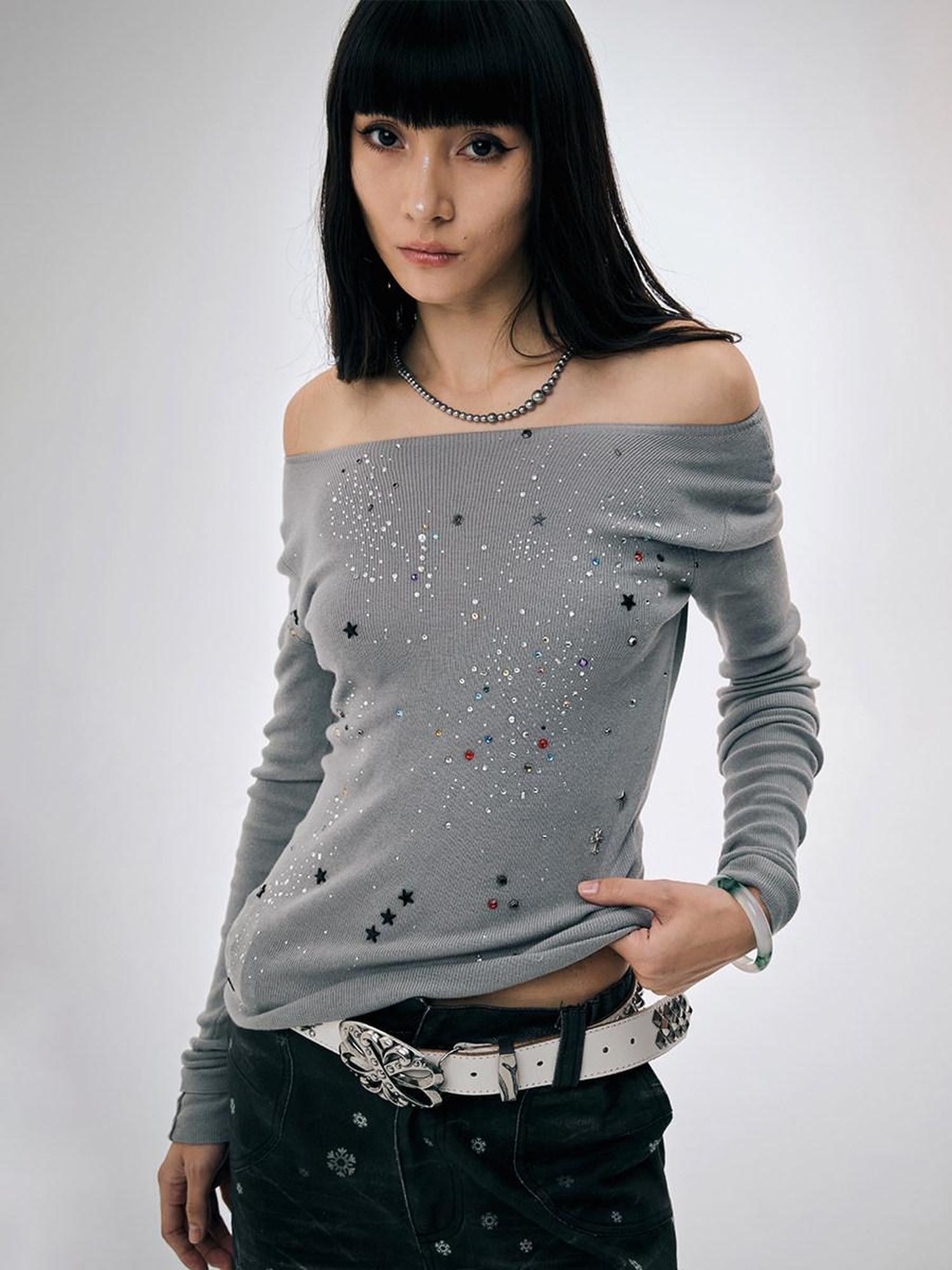 FayChui Rhinestone One Line Collar Slim Fit Women&