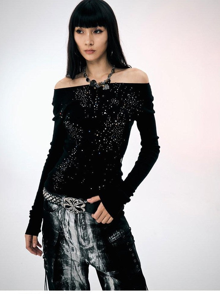 FayChui Rhinestone One Line Collar Slim Fit Women&