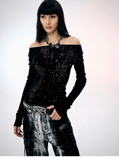 FayChui Rhinestone One Line Collar Slim Fit Women&