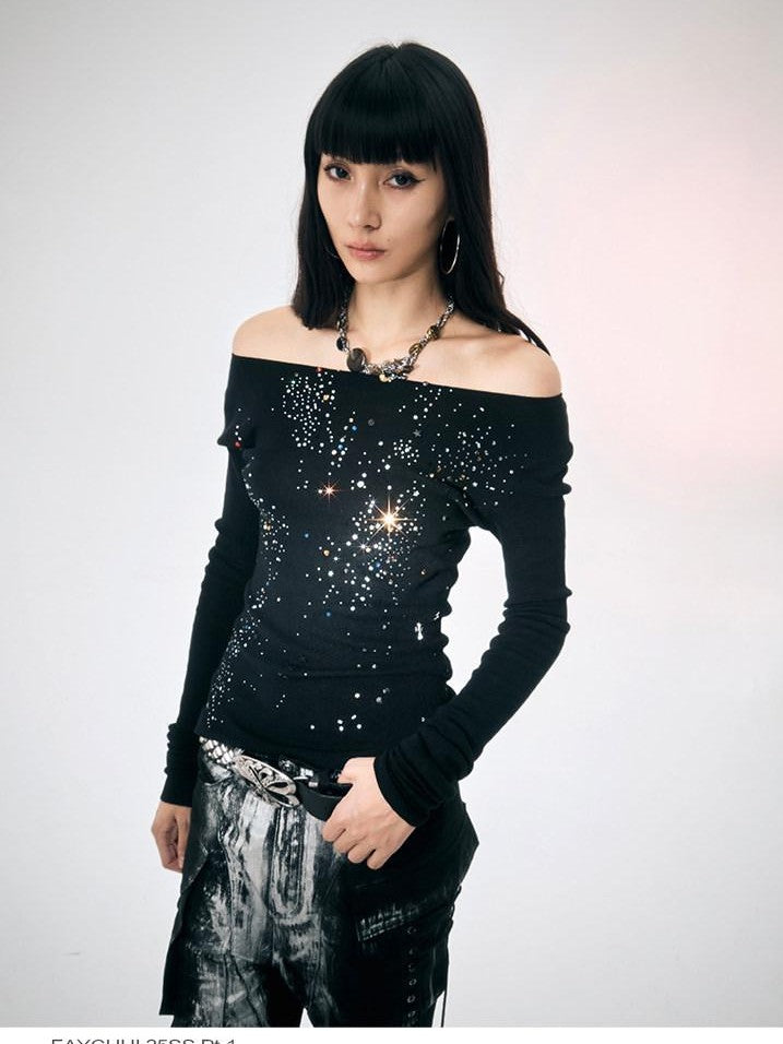 FayChui Rhinestone One Line Collar Slim Fit Women&
