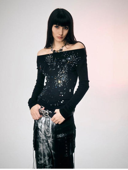 FayChui Rhinestone One Line Collar Slim Fit Women&