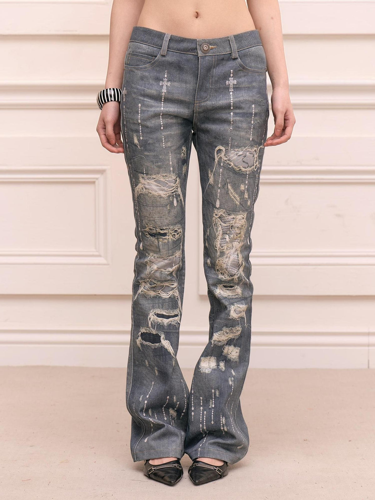 FayChui Rhinestone Print Distressed Straight Leg Women&