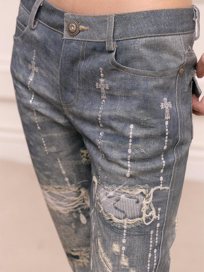 FayChui Rhinestone Print Distressed Straight Leg Women&