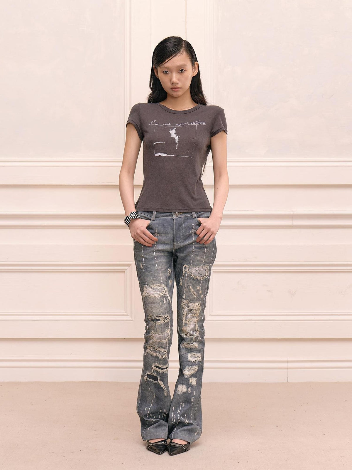 FayChui Rhinestone Print Distressed Straight Leg Women&