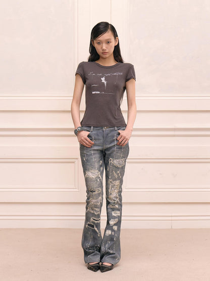 FayChui Rhinestone Print Distressed Straight Leg Women&