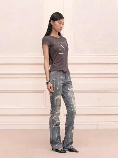 FayChui Rhinestone Print Distressed Straight Leg Women&