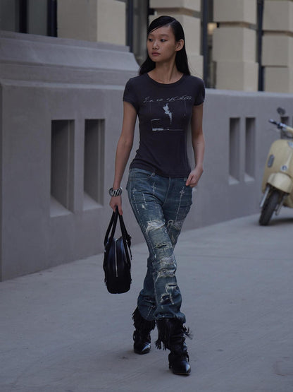FayChui Rhinestone Print Distressed Straight Leg Women&