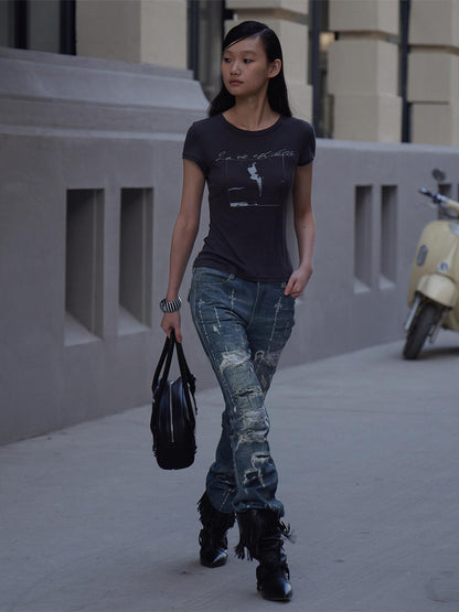 FayChui Rhinestone Print Distressed Straight Leg Women&