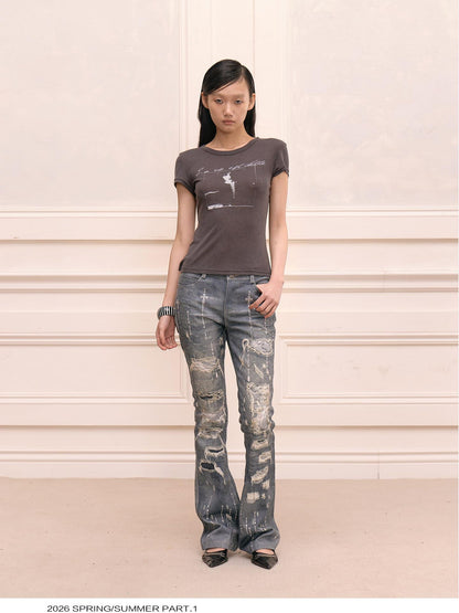 FayChui Rhinestone Print Distressed Straight Leg Women&