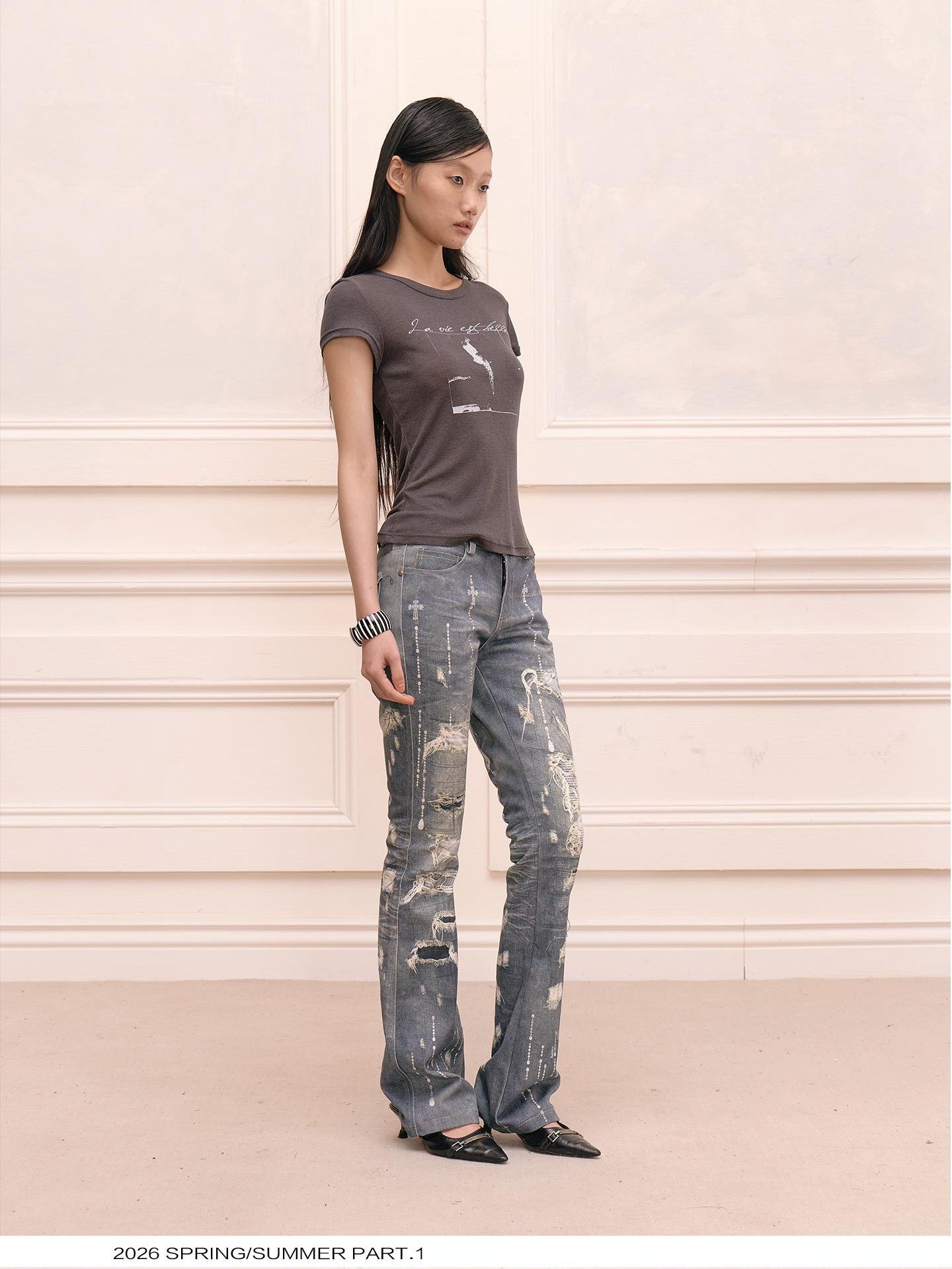 FayChui Rhinestone Print Distressed Straight Leg Women&