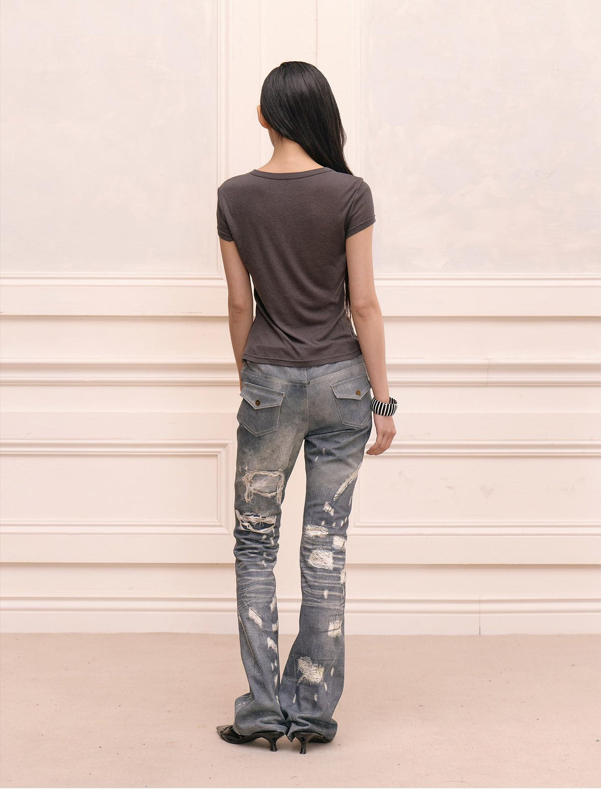FayChui Rhinestone Print Distressed Straight Leg Women&
