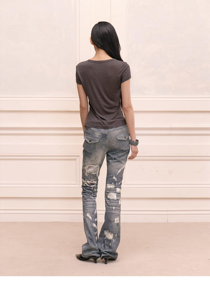 FayChui Rhinestone Print Distressed Straight Leg Women&