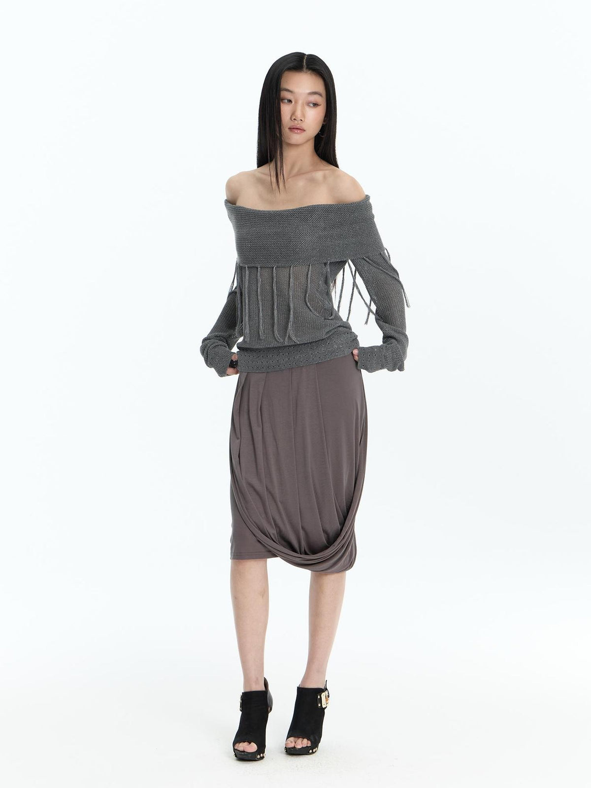 FayChui Rhinestone Trim Asymmetric Ruched Lyocell Women&