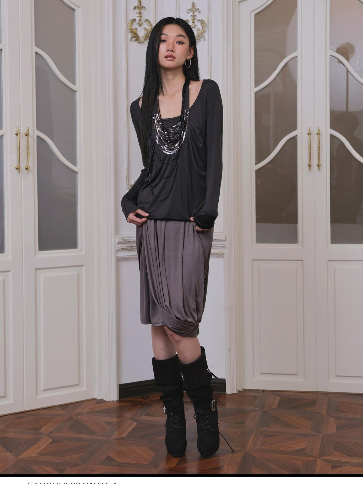 FayChui Rhinestone Trim Asymmetric Ruched Lyocell Women&