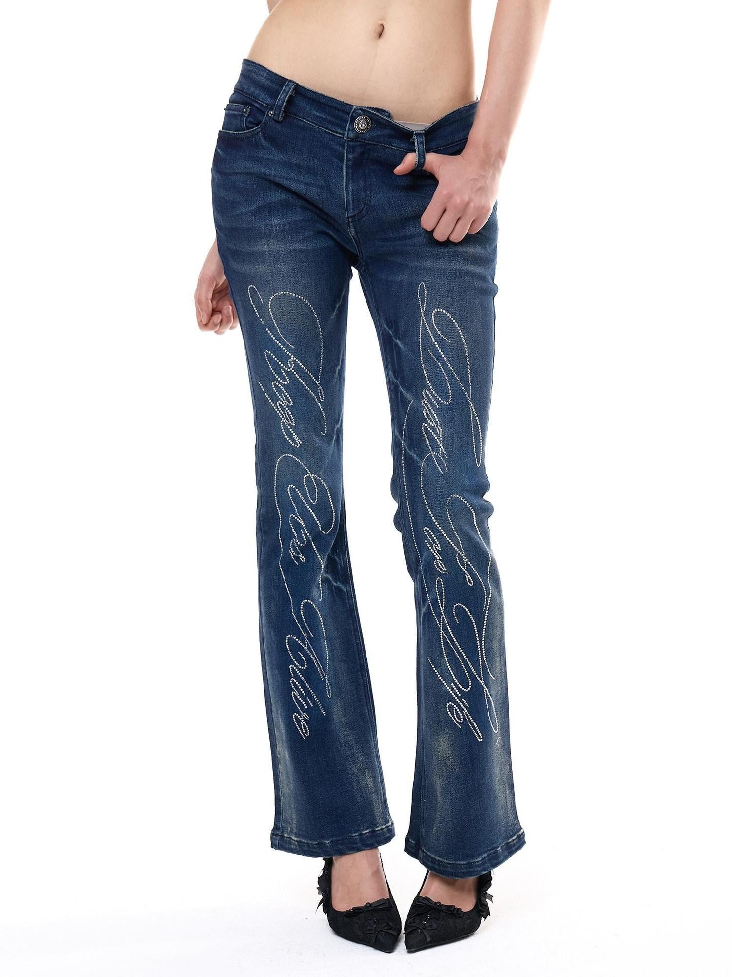 FayChui Rhinestone Waterwash Built In Hip Pad Push Up Straight Women&