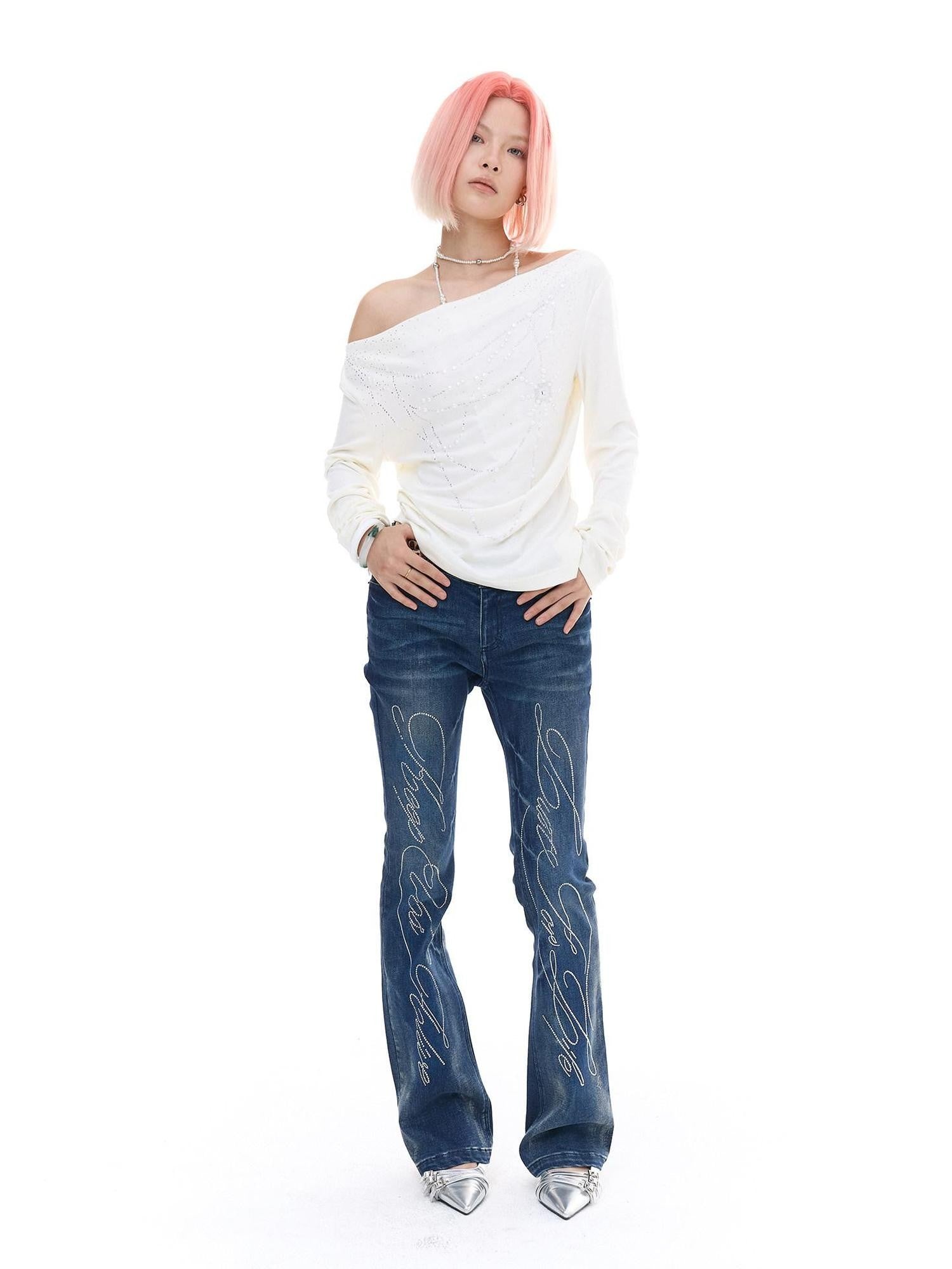 FayChui Rhinestone Waterwash Built In Hip Pad Push Up Straight Women&