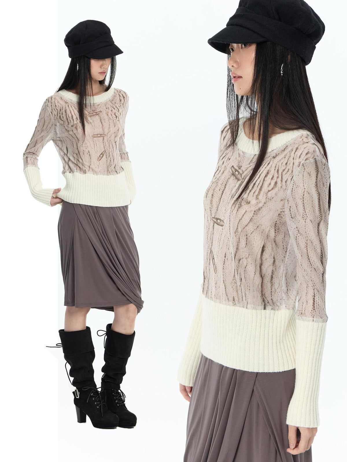 FayChui Ribbed Printed Mesh Striped Slim Fit Women&