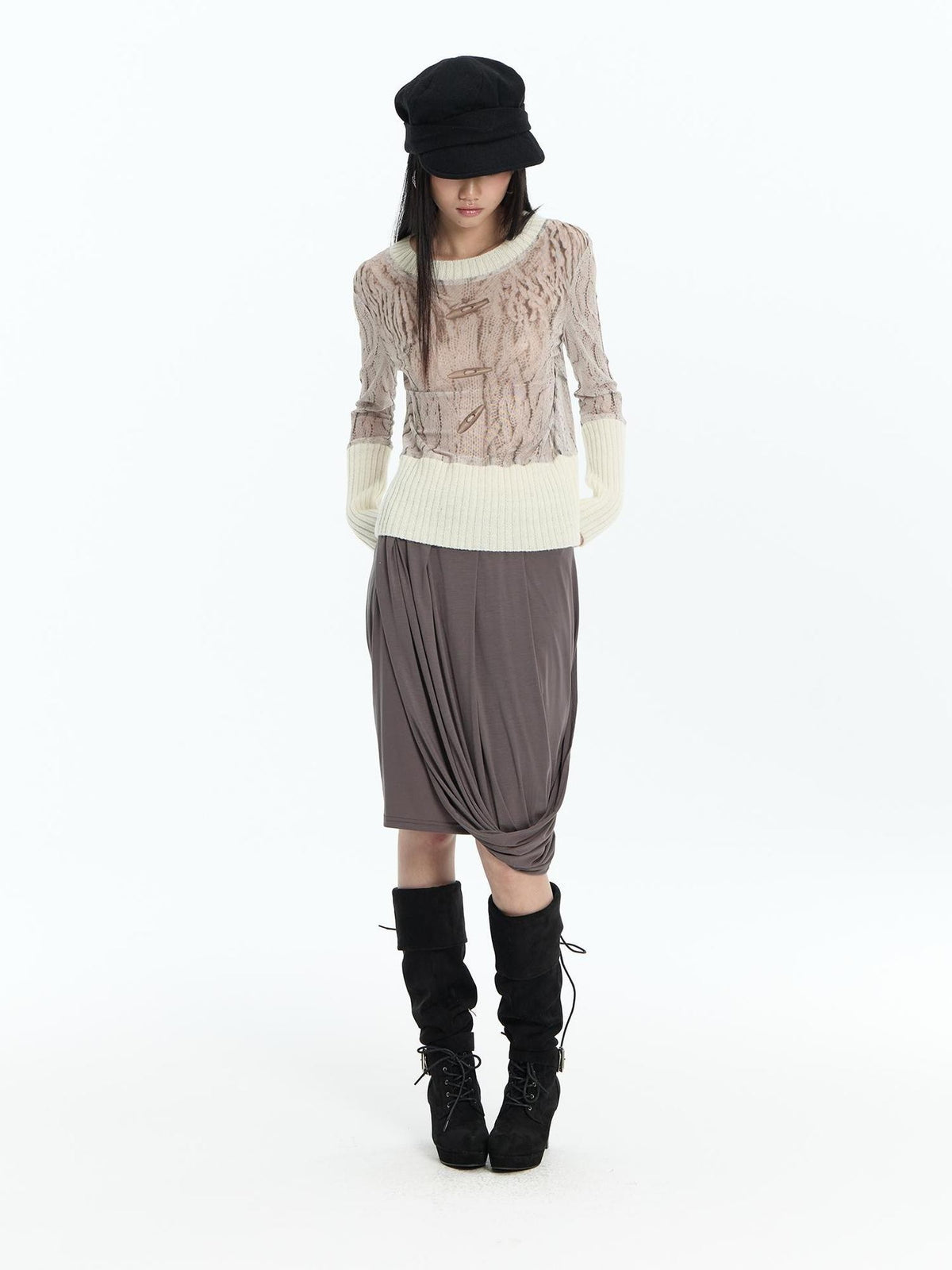 FayChui Ribbed Printed Mesh Striped Slim Fit Women&