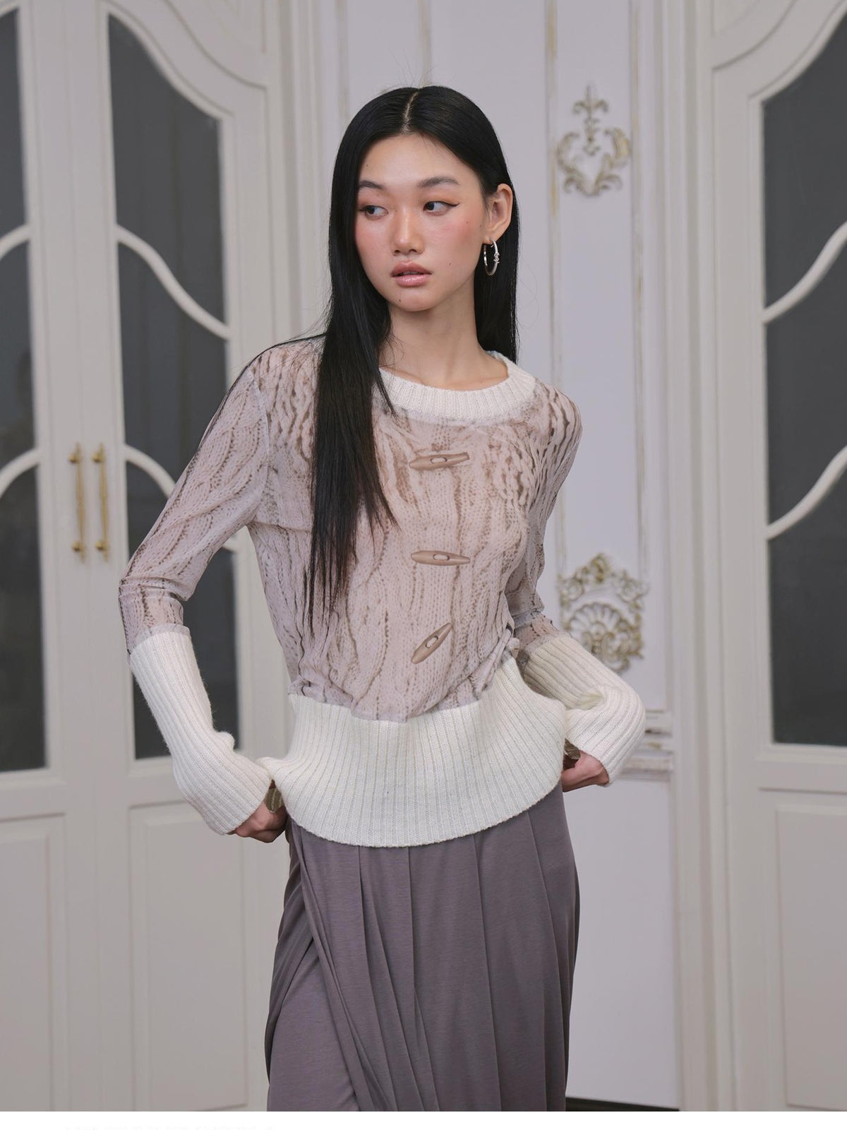 FayChui Ribbed Printed Mesh Striped Slim Fit Women&
