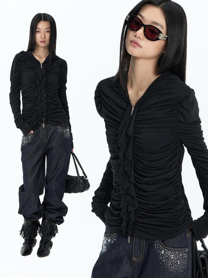 FayChui Ruffle Trim Ruched Zip Up Slim Fit Modal Women&
