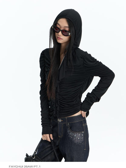 FayChui Ruffle Trim Ruched Zip Up Slim Fit Modal Women&