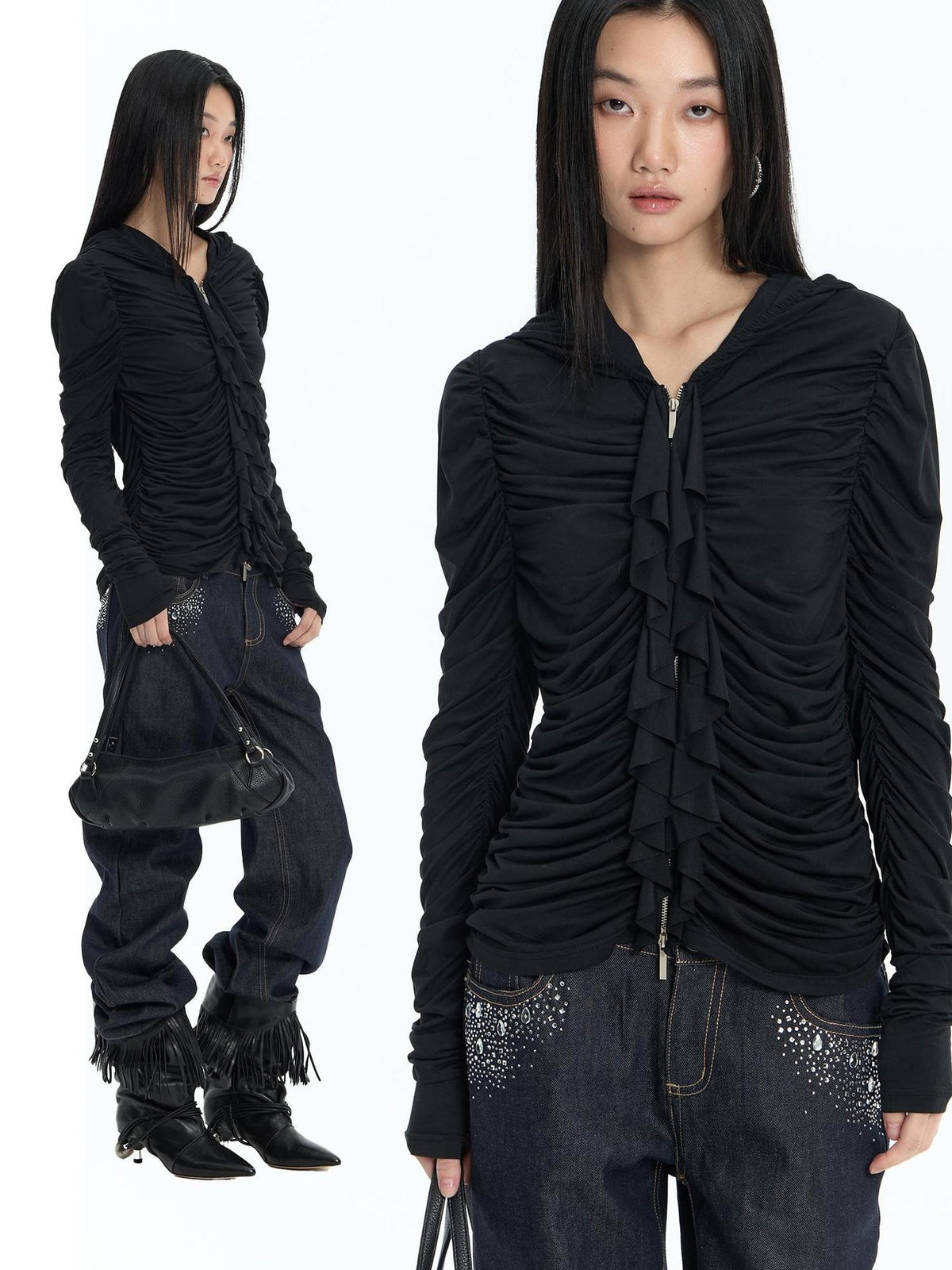 FayChui Ruffle Trim Ruched Zip Up Slim Fit Modal Women&