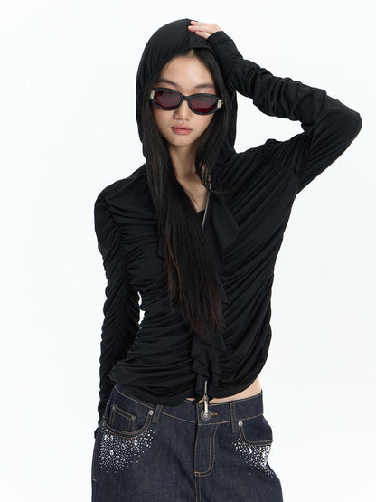 FayChui Ruffle Trim Ruched Zip Up Slim Fit Modal Women&
