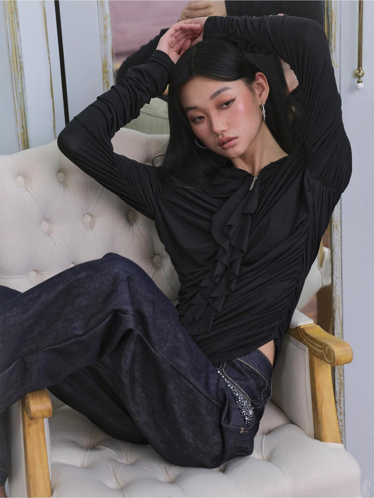 FayChui Ruffle Trim Ruched Zip Up Slim Fit Modal Women&