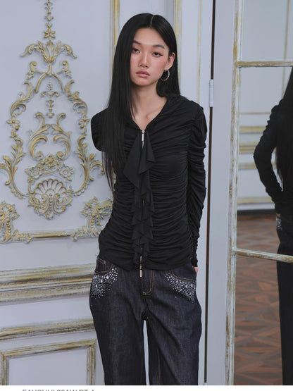 FayChui Ruffle Trim Ruched Zip Up Slim Fit Modal Women&