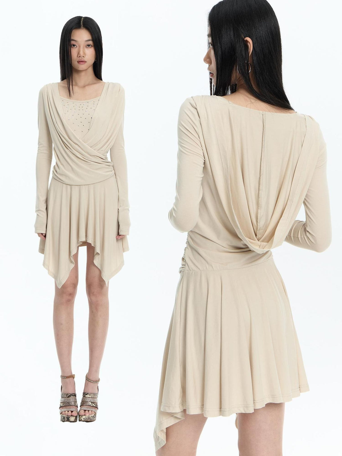 FayChui Sequin Faux Layered Draped V-neck Modal Women&