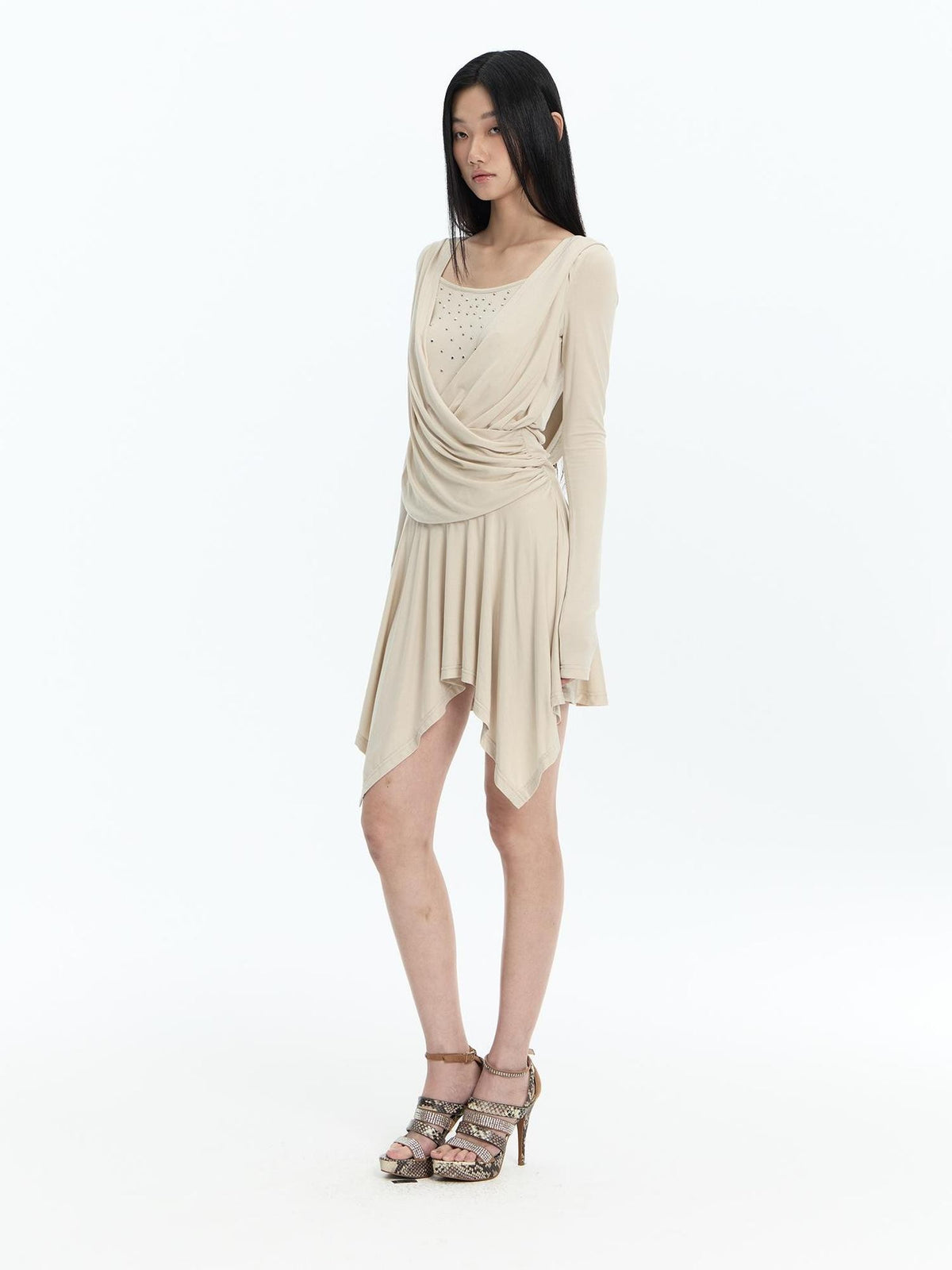 FayChui Sequin Faux Layered Draped V-neck Modal Women&