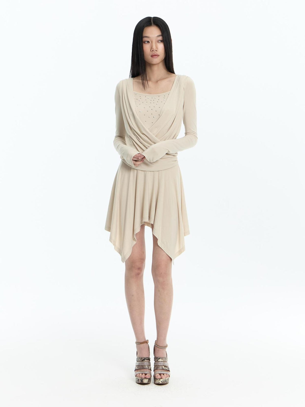FayChui Sequin Faux Layered Draped V-neck Modal Women&