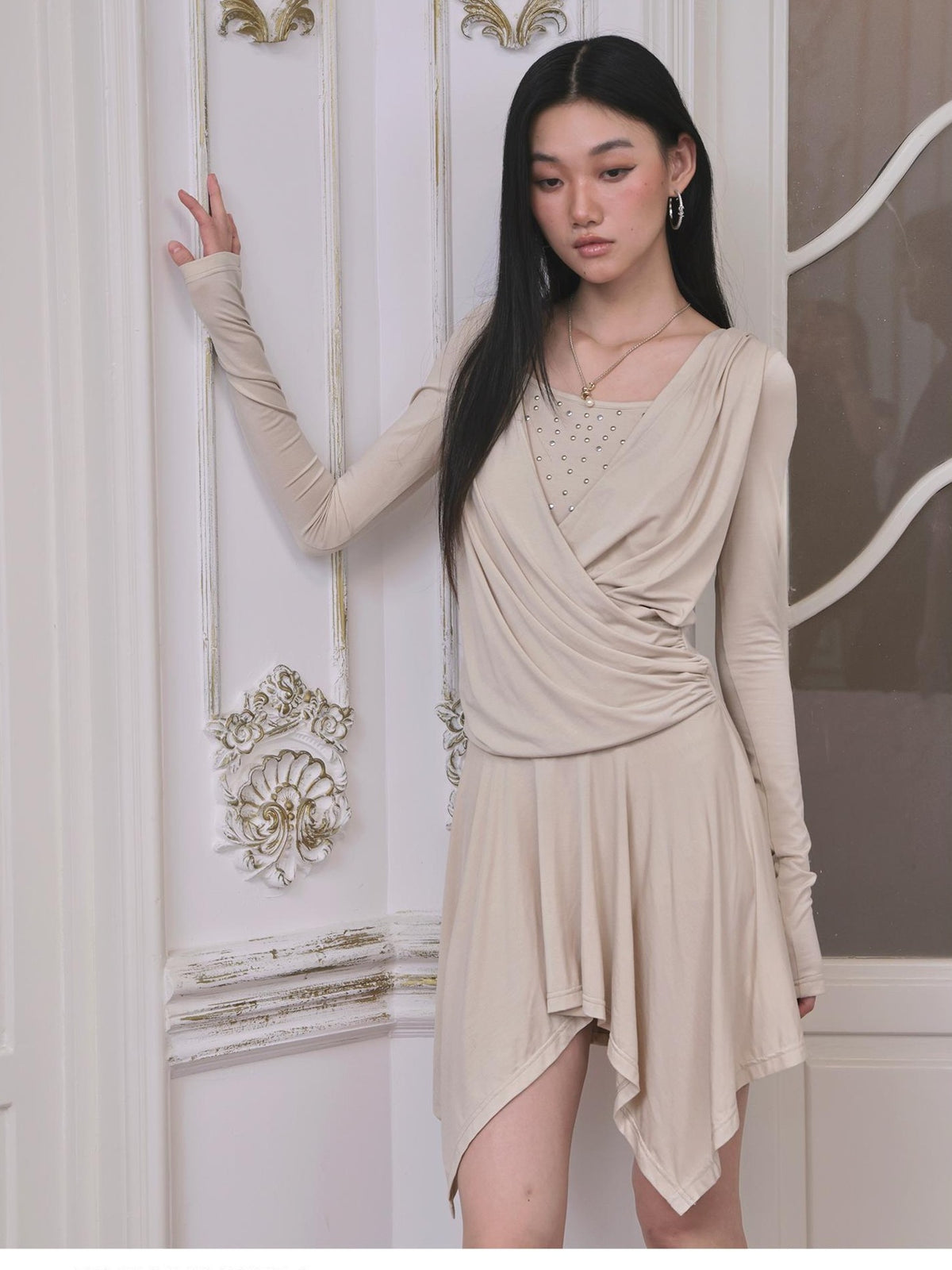 FayChui Sequin Faux Layered Draped V-neck Modal Women&