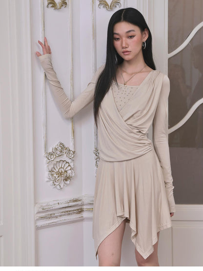 FayChui Sequin Faux Layered Draped V-neck Modal Women&