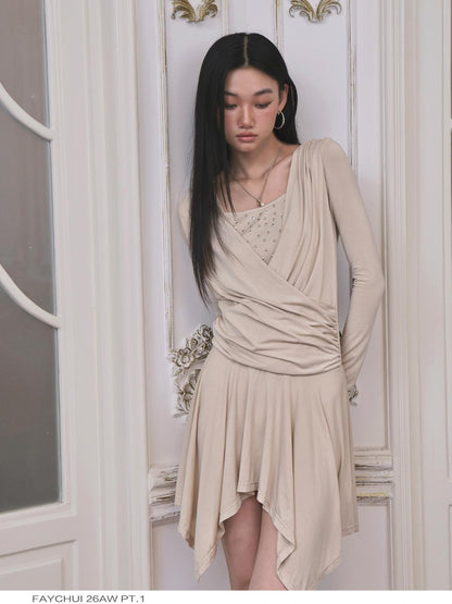 FayChui Sequin Faux Layered Draped V-neck Modal Women&