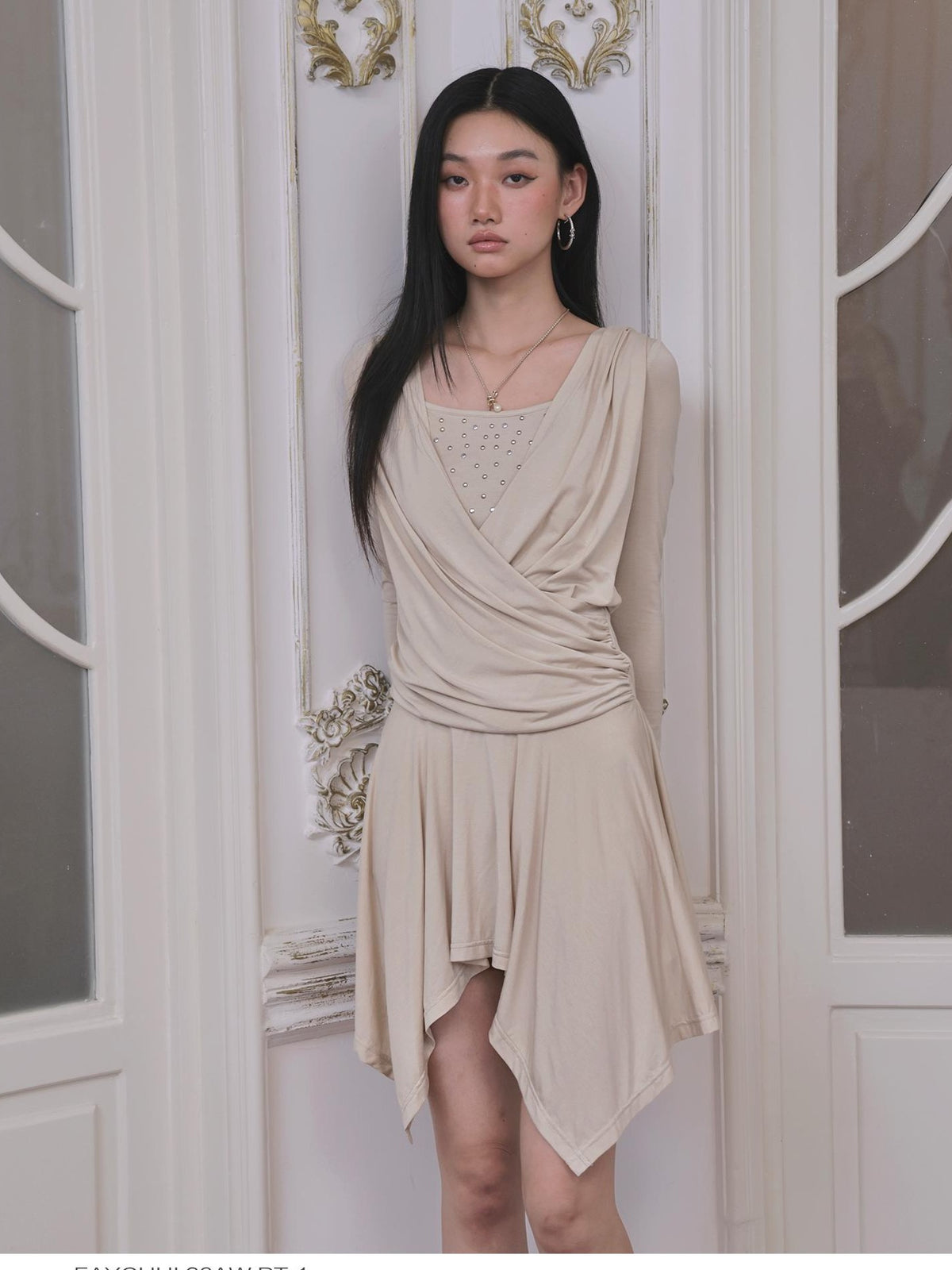 FayChui Sequin Faux Layered Draped V-neck Modal Women&
