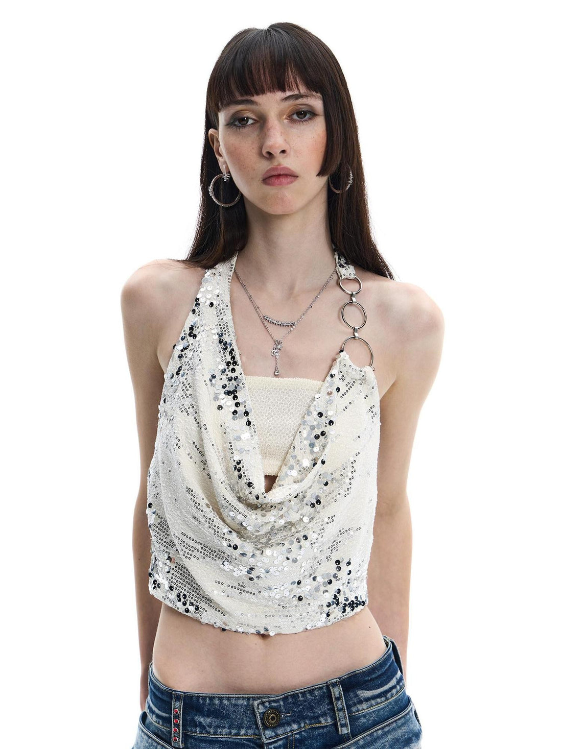 FayChui Sequin Print Mock Two Piece Cropped Turn Collar Women&