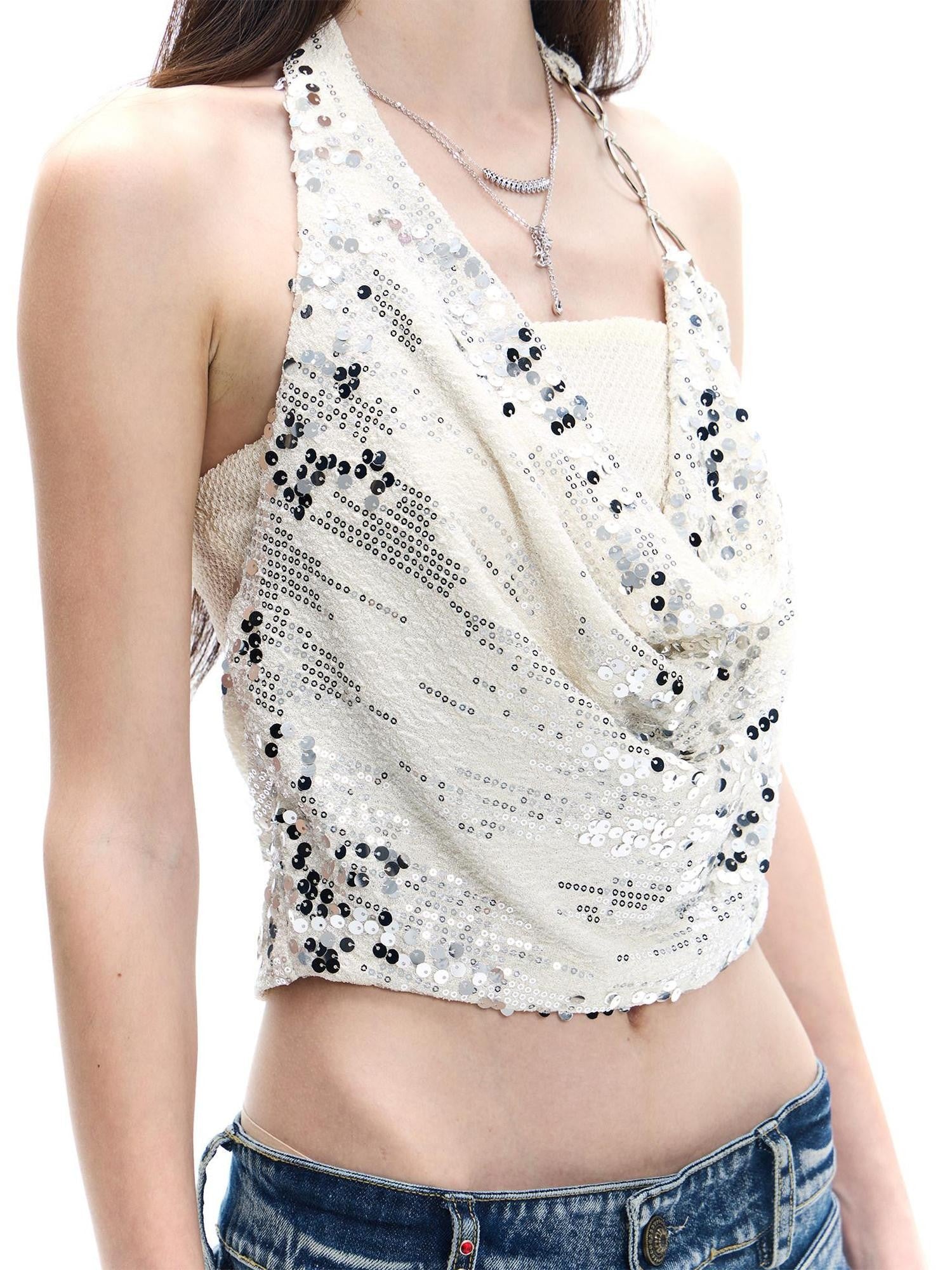 FayChui Sequin Print Mock Two Piece Cropped Turn Collar Women&