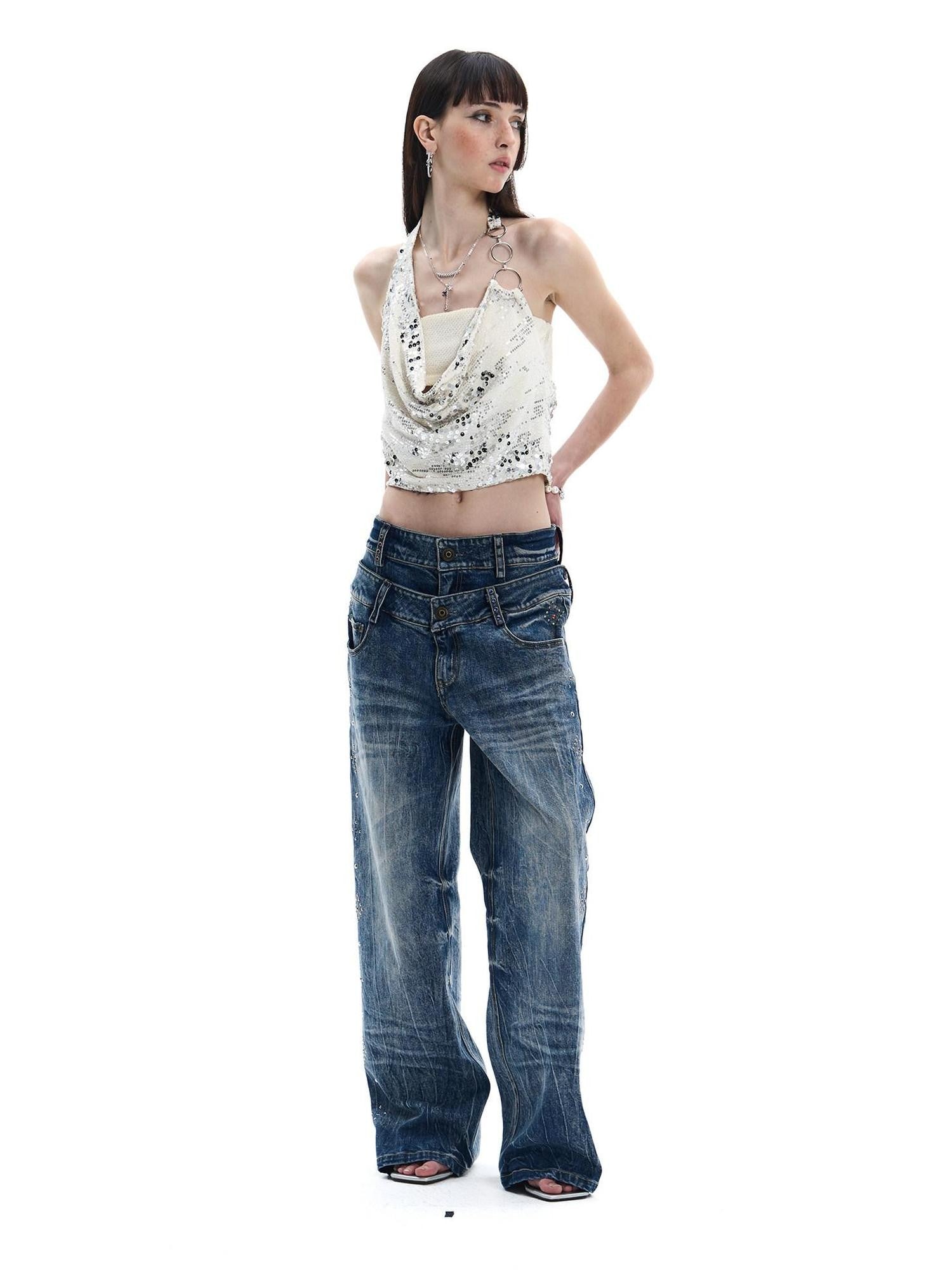 FayChui Sequin Print Mock Two Piece Cropped Turn Collar Women&