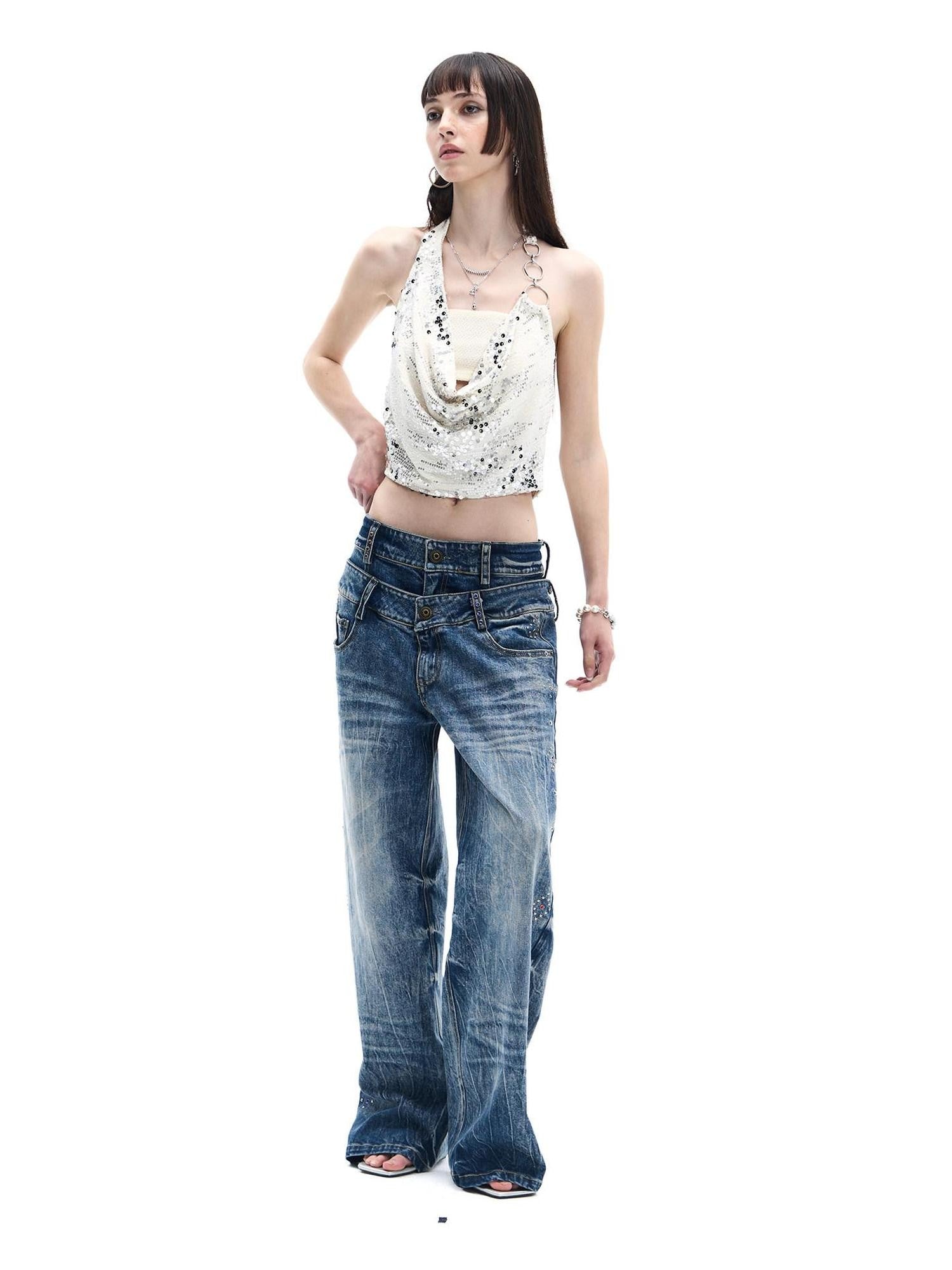FayChui Sequin Print Mock Two Piece Cropped Turn Collar Women&