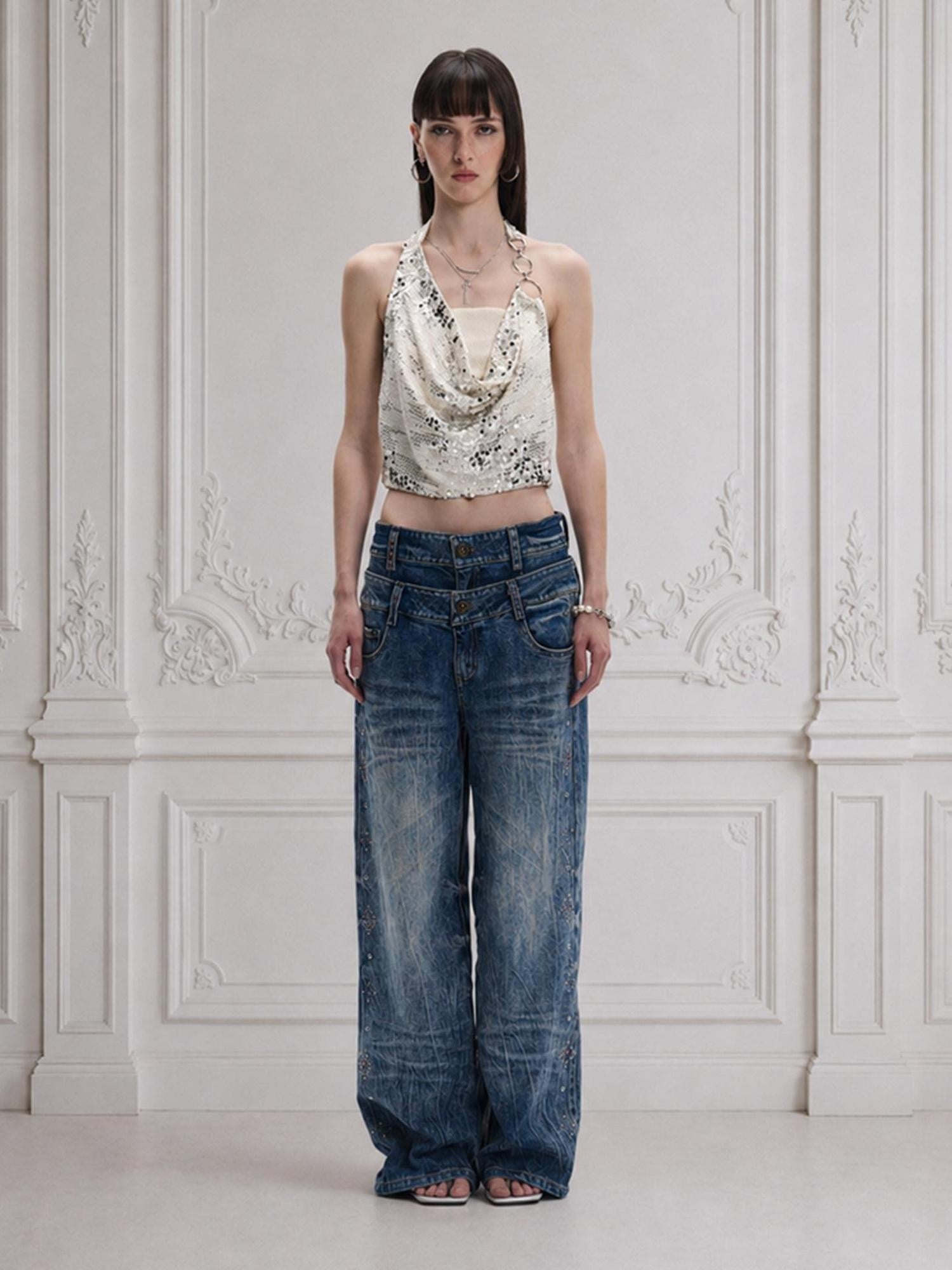 FayChui Sequin Print Mock Two Piece Cropped Turn Collar Women&