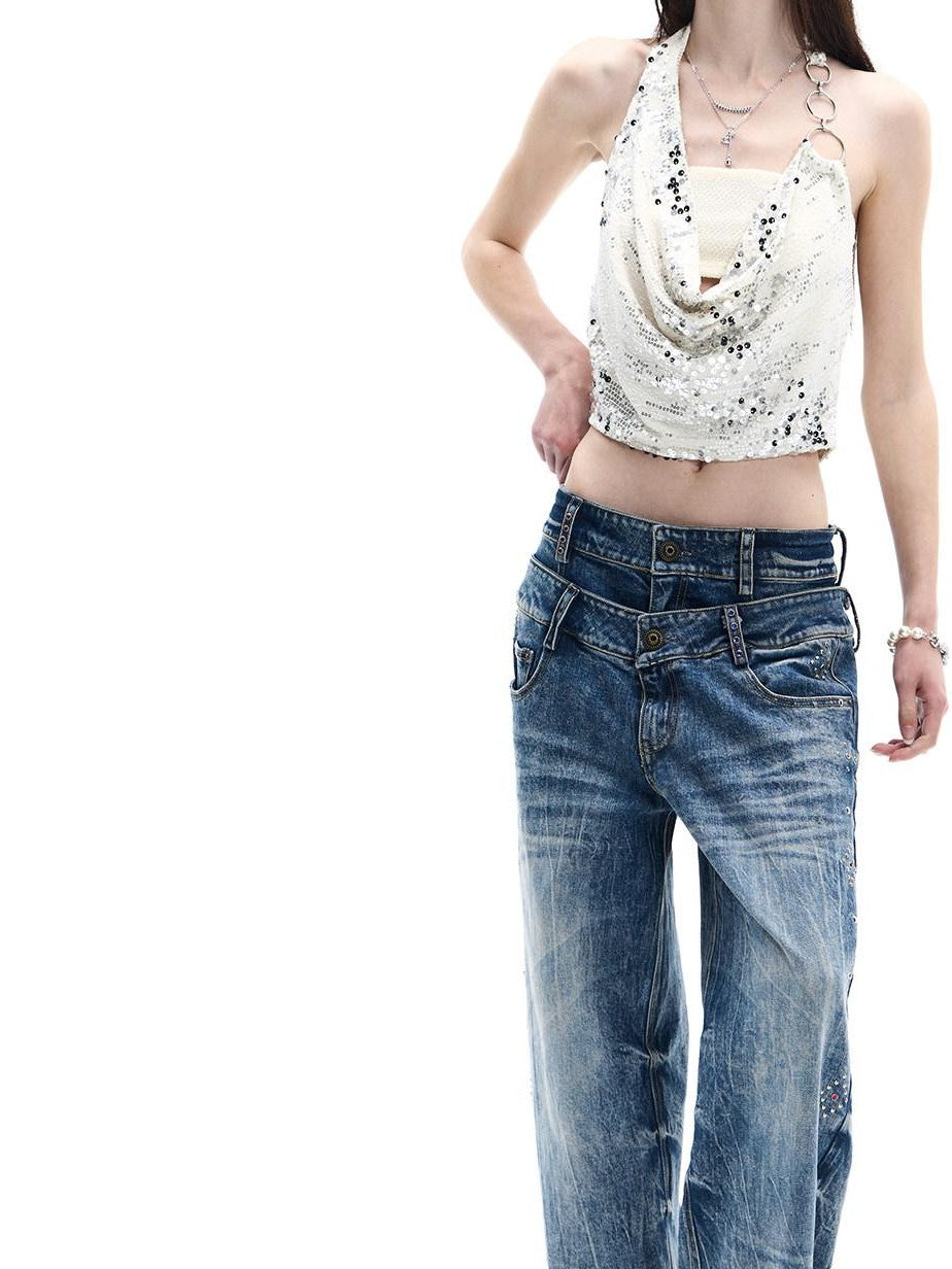 FayChui Sequin Print Mock Two Piece Cropped Turn Collar Women&