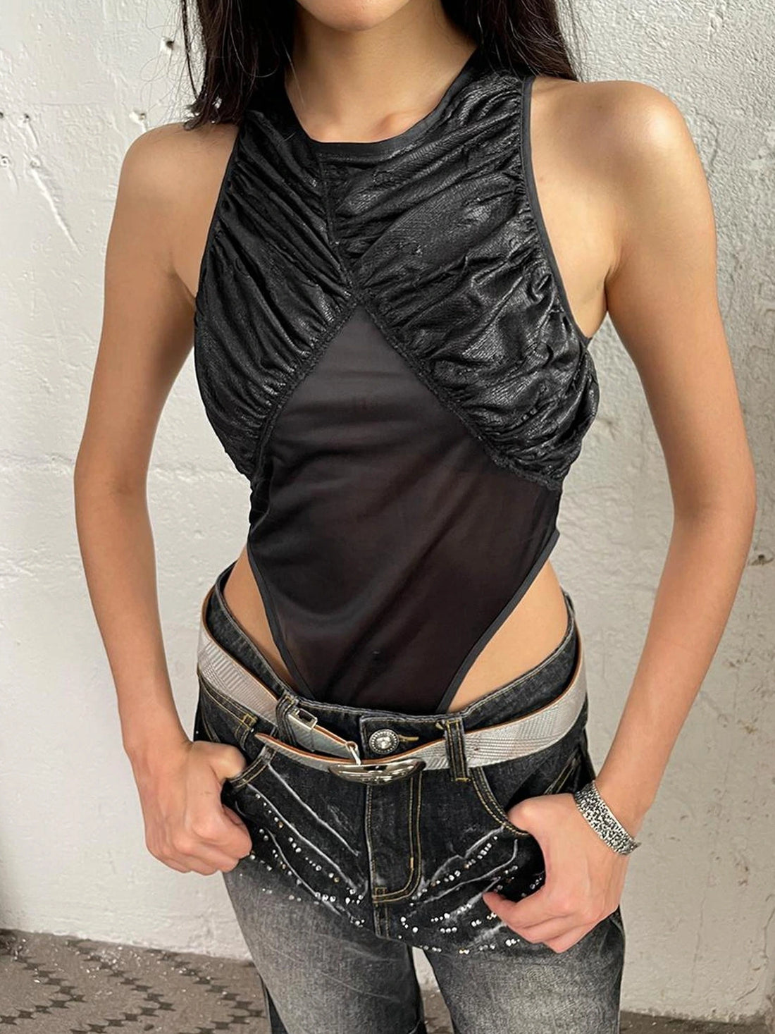 FayChui  Sleeveless Mesh Paneled Bodycon Jumpsuit