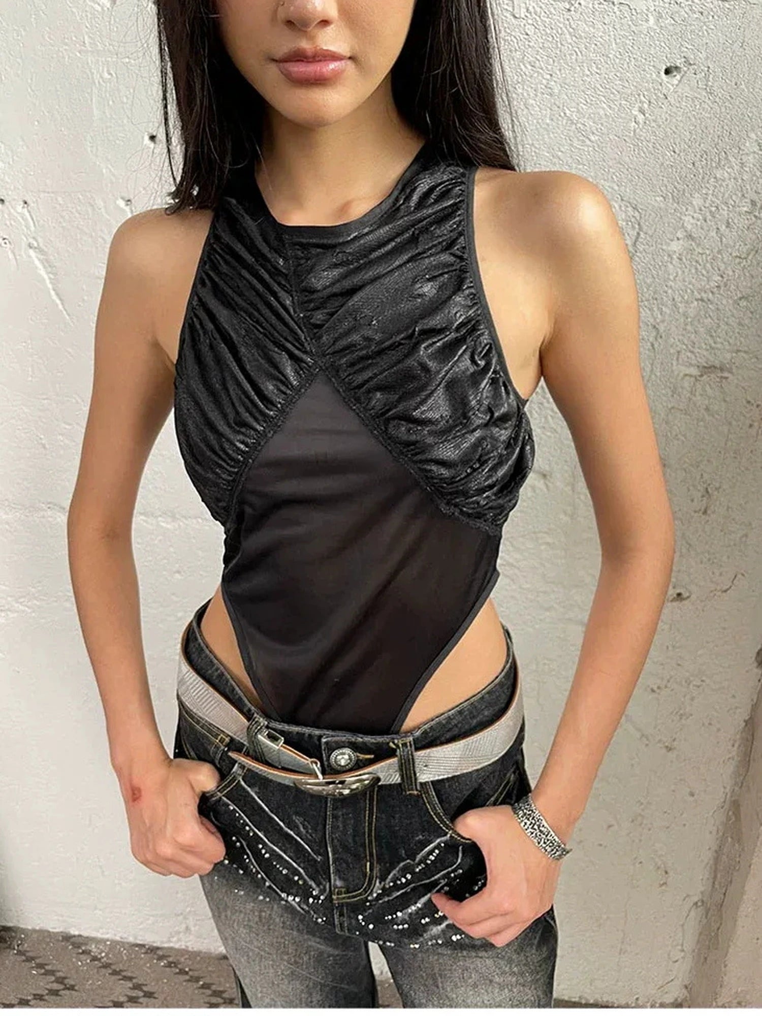 FayChui  Sleeveless Mesh Paneled Bodycon Jumpsuit