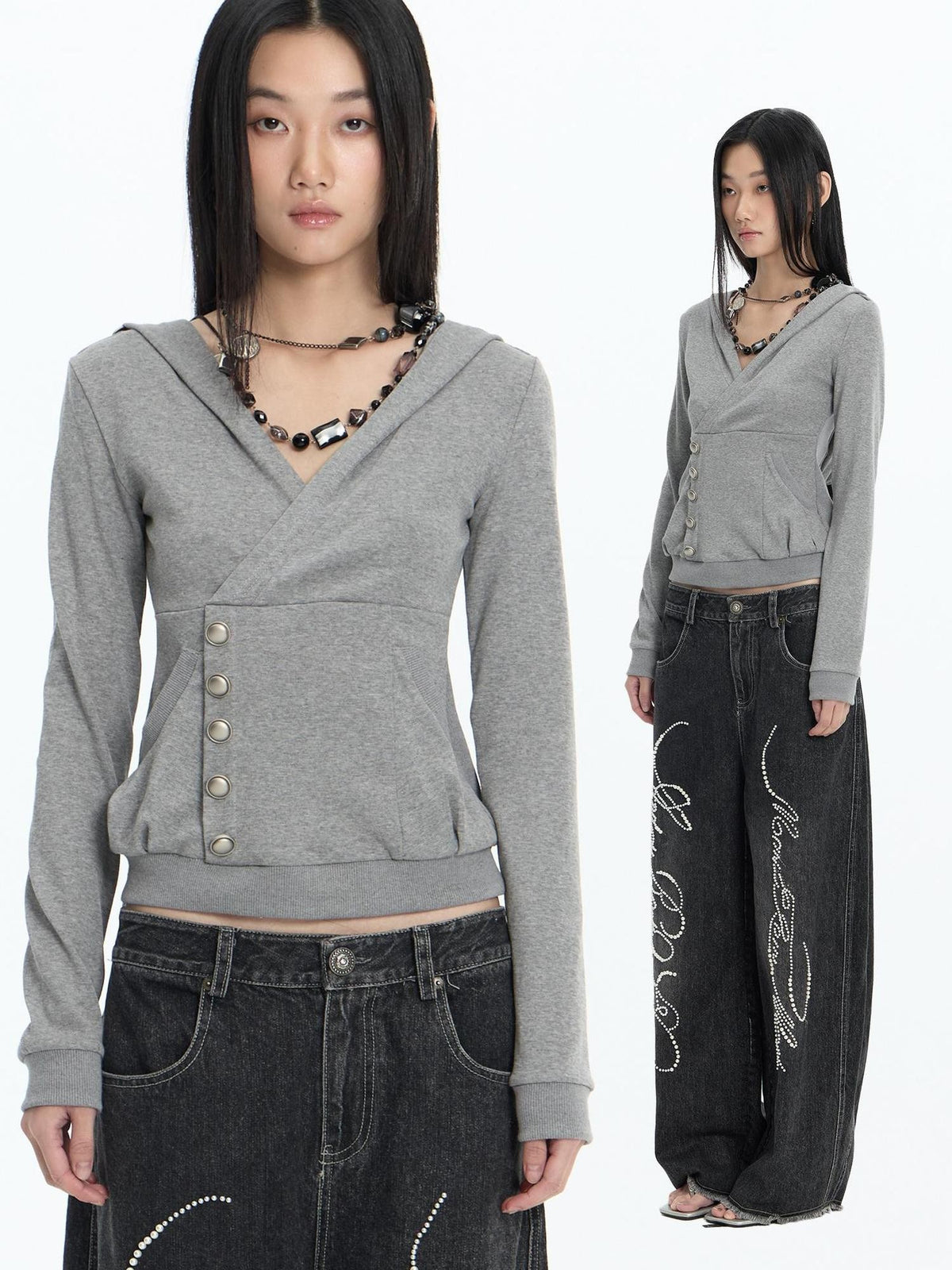 FayChui Slim Fit Cross V-neck Buttoned Hooded Women&