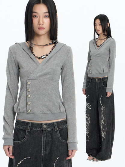 FayChui Slim Fit Cross V-neck Buttoned Hooded Women&