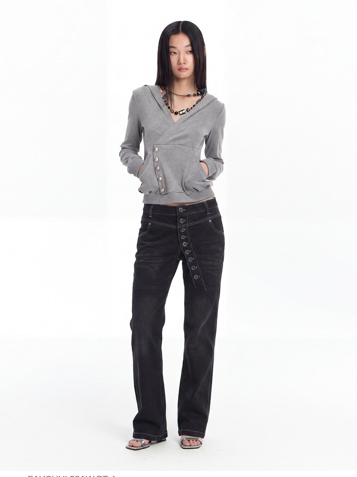 FayChui Slim Fit Cross V-neck Buttoned Hooded Women&