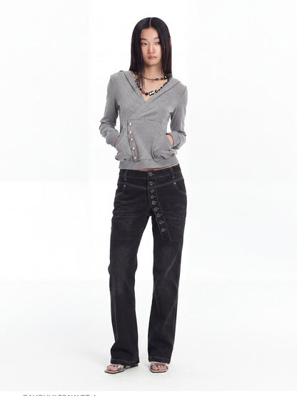 FayChui Slim Fit Cross V-neck Buttoned Hooded Women&